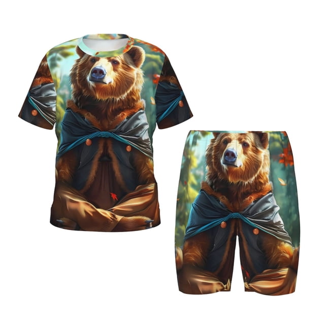 Fotbe Maple Meditating Bear Pijama Estampada de 2 Piezas para Niños – Ropa de Dormir de Manga Corta Cómoda para Niños y Niñas, Camiseta y Shorts de Algodón-XX-Large