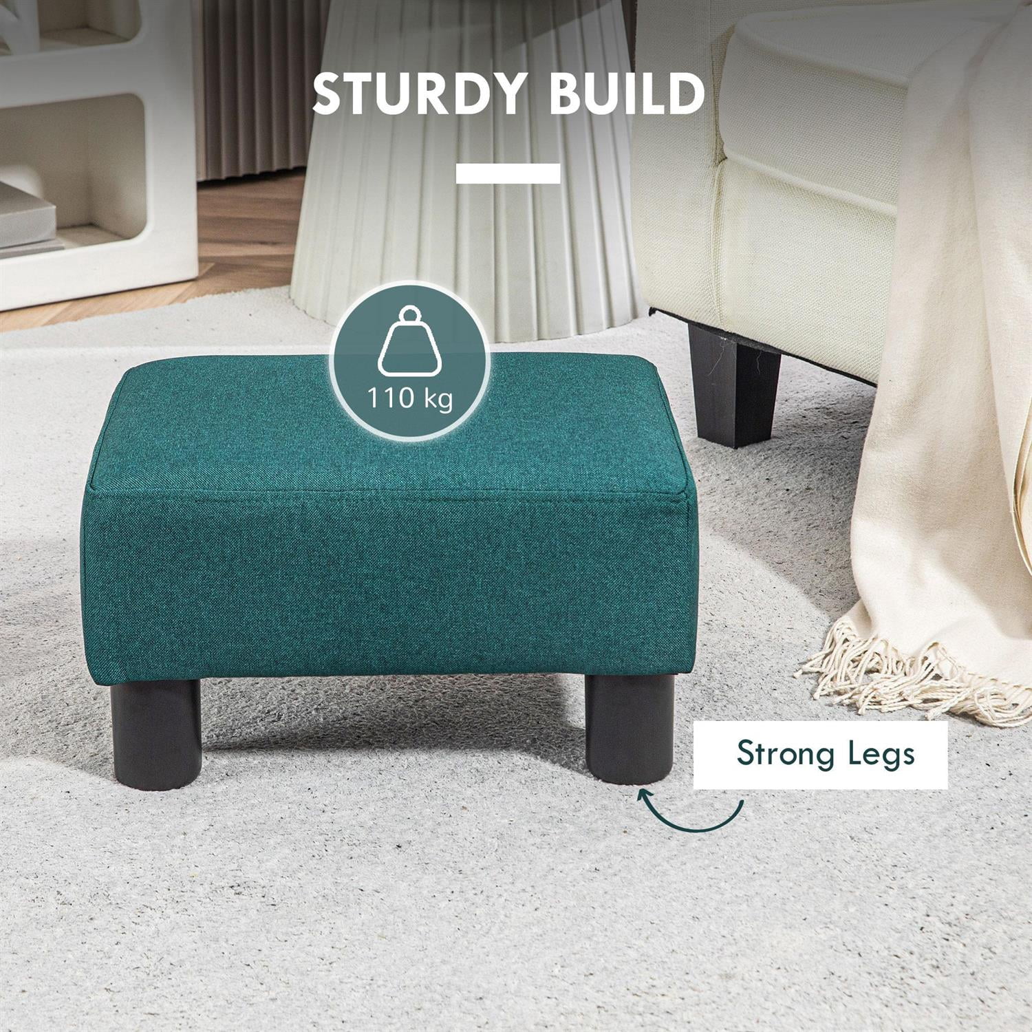 Demi Bonn 15" Small Ottoman Foot Rest, Foot Stool with Linen Fabric Upholstery and Plastic Legs, Cube Ottoman for Living Room, Bedroom, Green