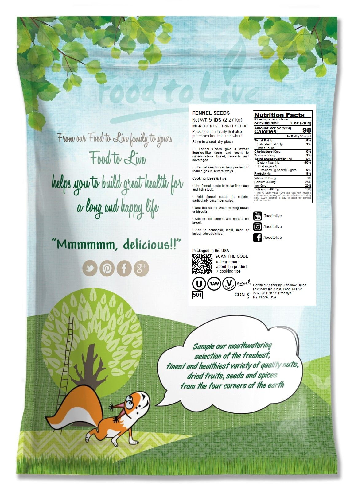 Fennel Seeds, 5 Pounds – Kosher, Raw, Vegan – by Food to Live