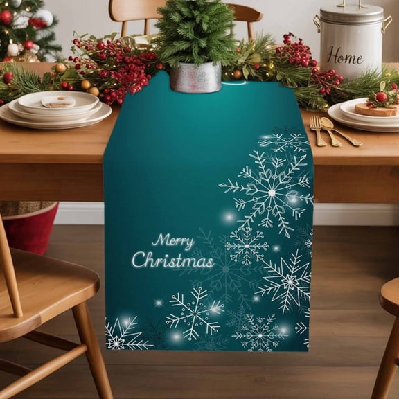 Christmas Snowflake Cotton Linen Small Table Runner 13 x 36 inch Ombre Turquoise Teal Winter Xmas Gradient Non-slip Rectangular Dining Table Decor for Wedding Party Holiday Dinner