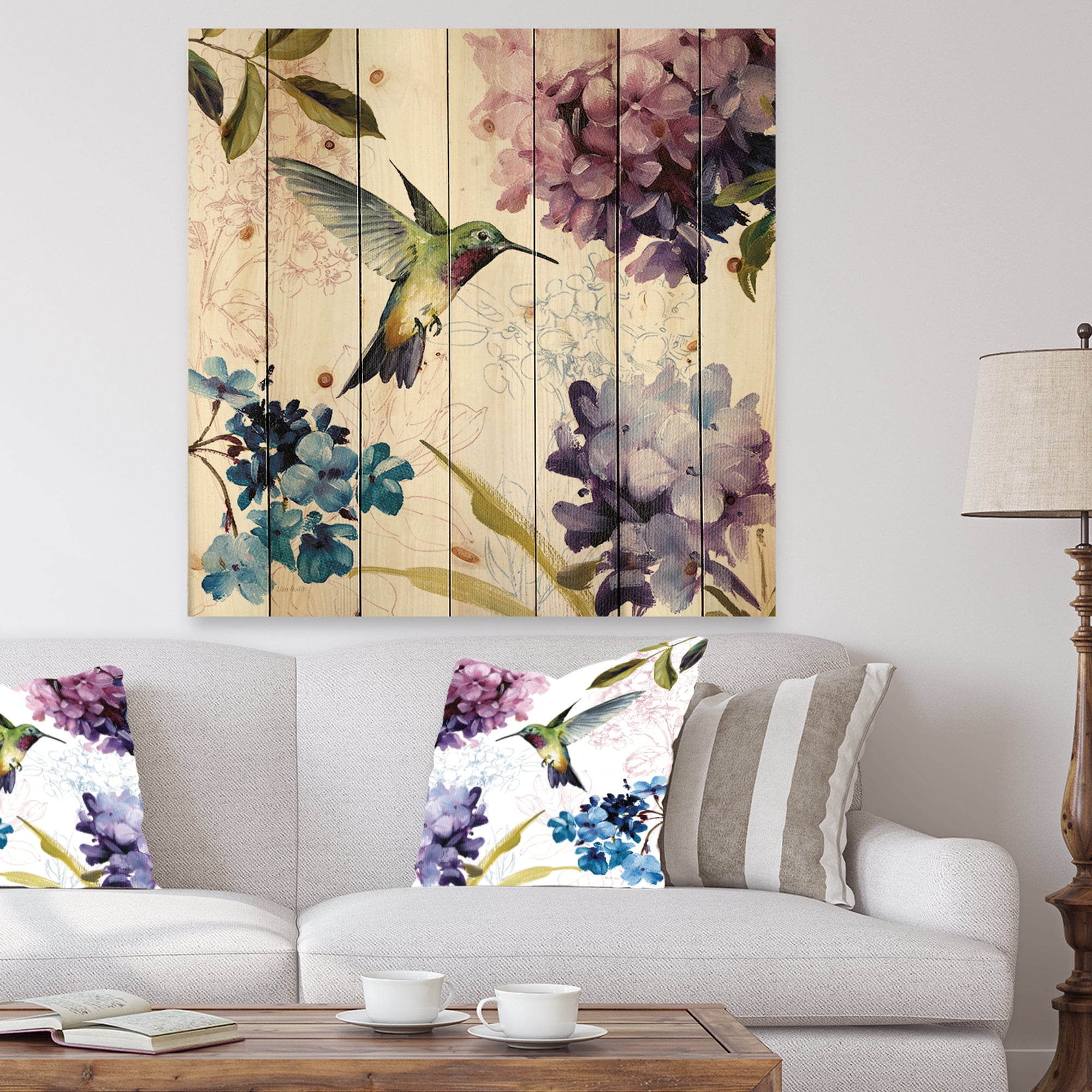 Designart 'Spring Nectar Square Bird and Flowers' Traditional Print on Natural Pine Wood