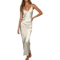 thumbnail image 2 of EliteGoogv Womens Satin Dresses V Neck Spaghetti Strap Maxi Dresses For Women Slim Straight Fit Summer Dresses Vacation Wedding Guest Dresses Beige, 2 of 4