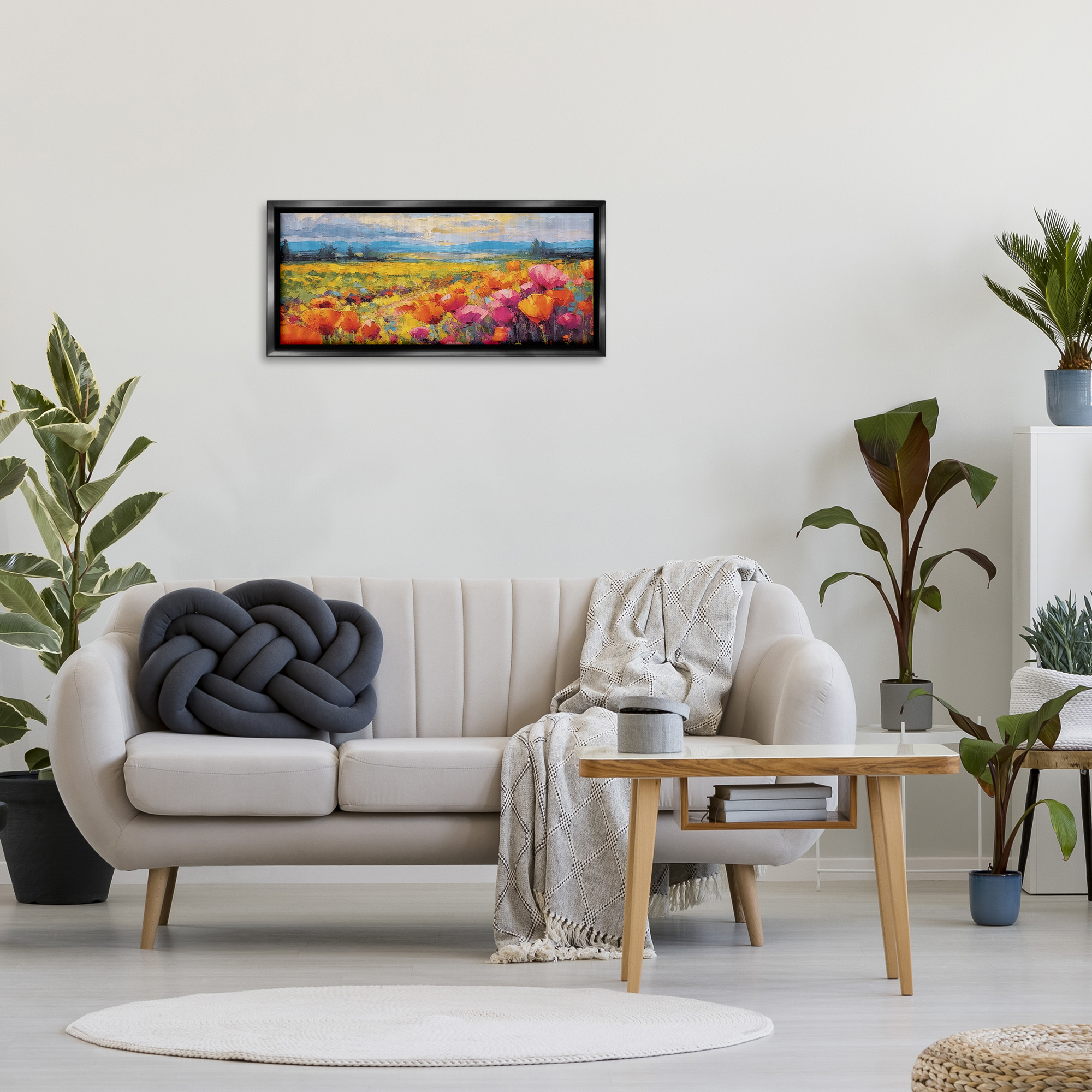 Stupell Industries Bright Tulips Landscape Landscape Painting Black Floater Framed Canvas Art Print Wall Art, 31 x 14