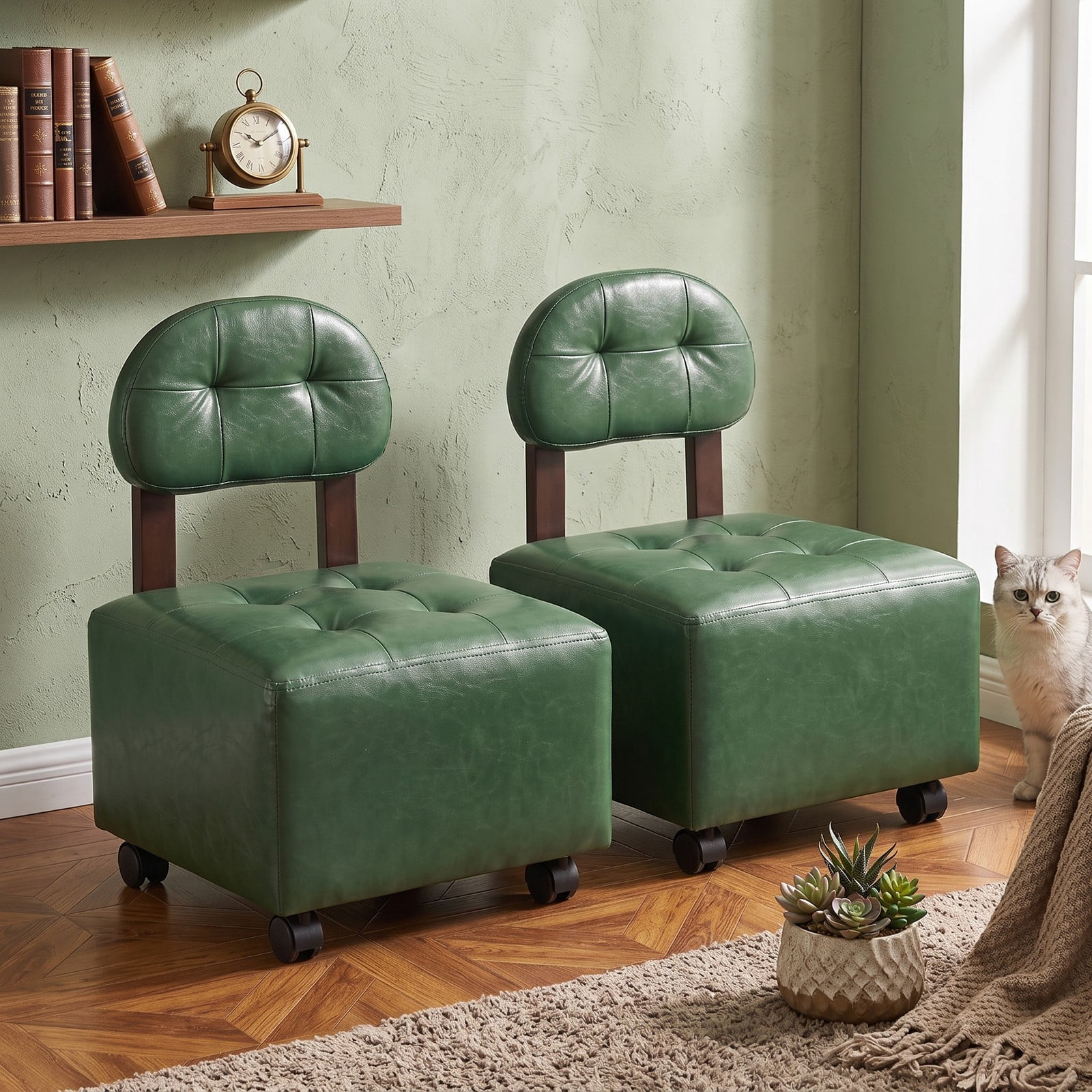 Furnibear Small Rolling Footrest Stool Set of 2 with Lockable Swivel Wheels, Faux Leather Backrest Footstool Ottoman for Living Room Bedroom Entryway, 330 lbs, Green