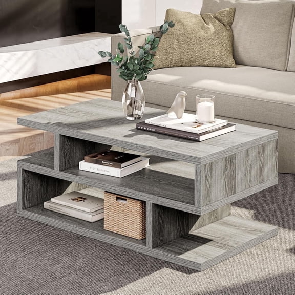 Einhomn Modern Coffee Table with 3-Tier Storage Shelf, Geometric Coffee Tea Table for Living Room, Grey