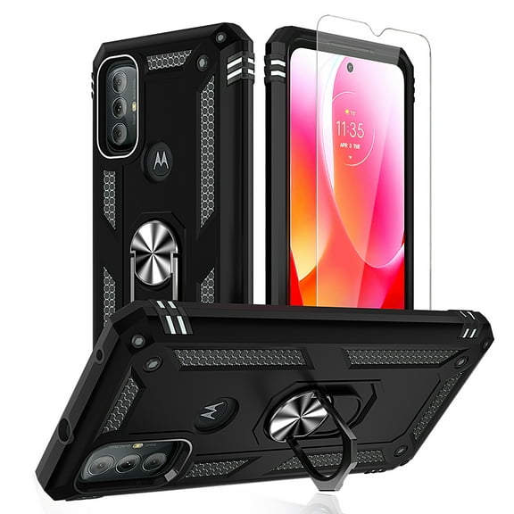 Xhy Moto G Play 2023 Case with Screen Protector and Magnetic Ring Kickstand Military Grade Full Body Double Layer Rugged Durable Detachable for Motorola G Play 2023 Phone - Black