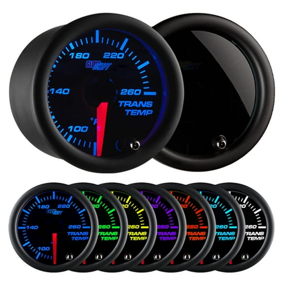 GlowShift Tinted 7 Color 260F Automatic Transmission Temp Gauge Kit - Includes 1/8-27 NPT Electronic Sensor & Wiring - Multi-Color Display - Black Dial - Smoked Lens