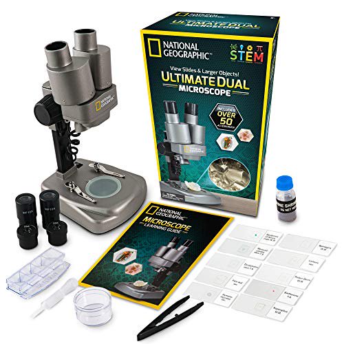 National Geographic Dual LED Student Microscope – 50+ pc Science Kit Includes Set of 10 Prepared Biological & 10 Blank Slides, Lab Shrimp Experiment, 10x-25x Optical Glass Lenses and More! (Silver)