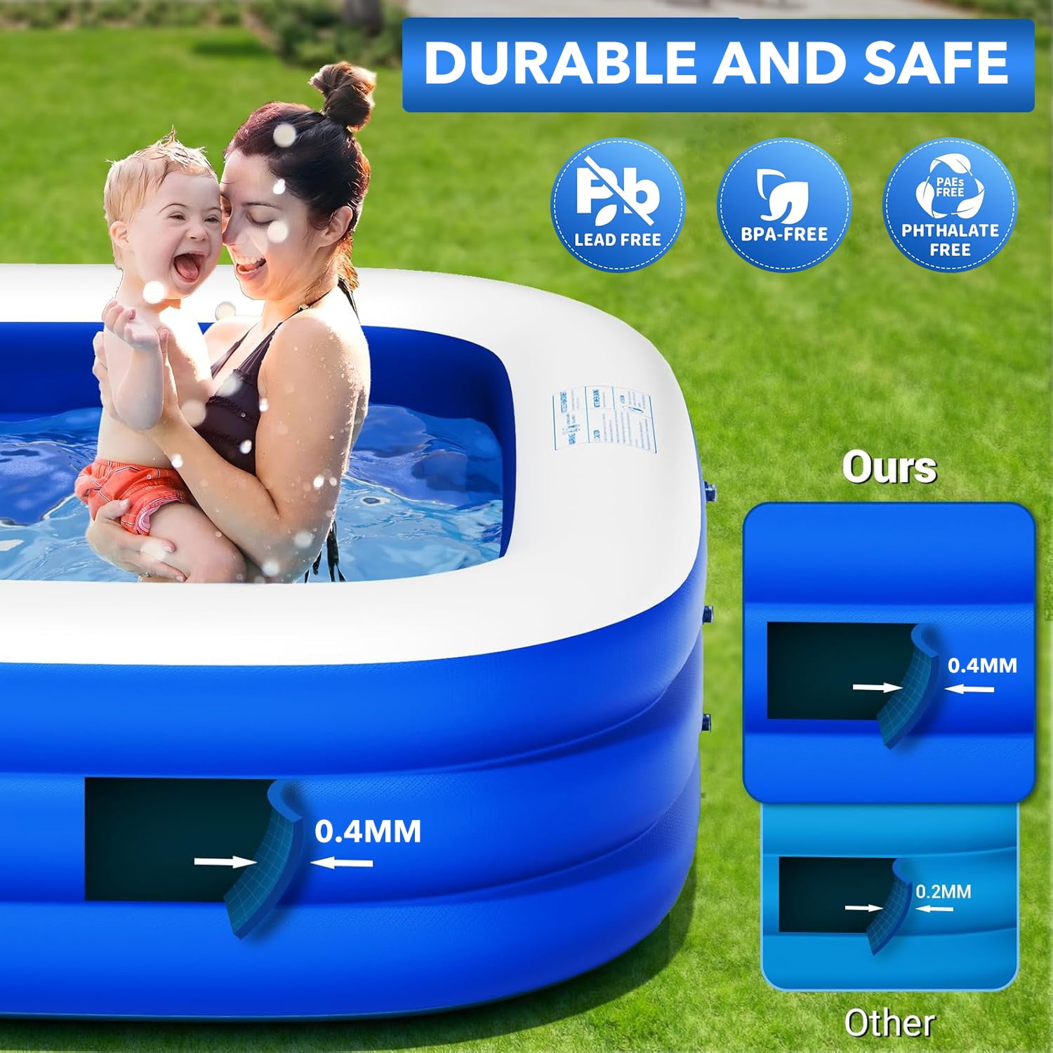 BN-LINK Inflatable Swimming Pool, 83’’ × 53’’ × 20’’ Large & Thickened Family Swimming Pool for Garden, Outdoor, Backyard, Suitable for Adults and Family