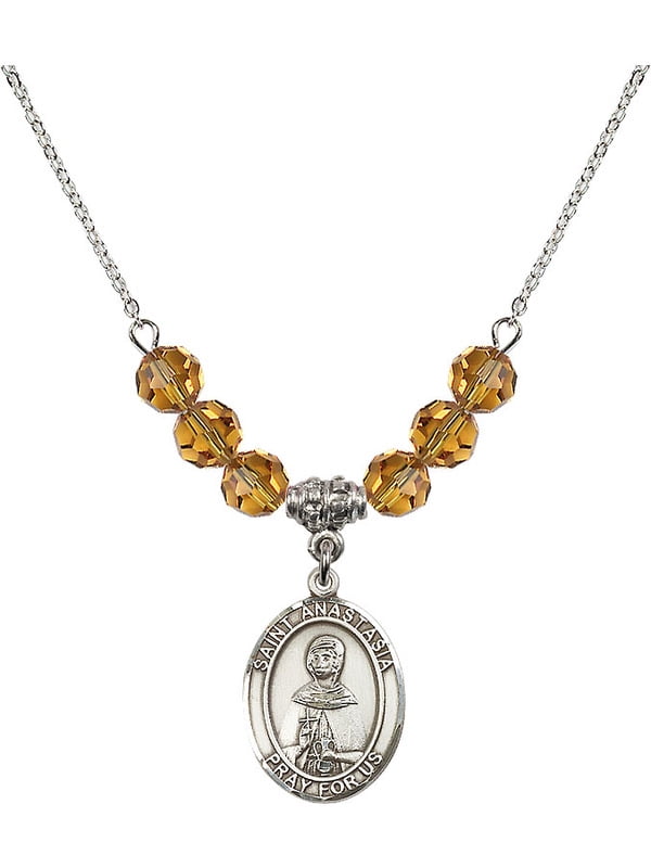 Bonyak Jewelry 18 Inch Rhodium Plated Necklace w// 6mm Blue March Birth Month Stone Beads and Saint Anastasia Charm