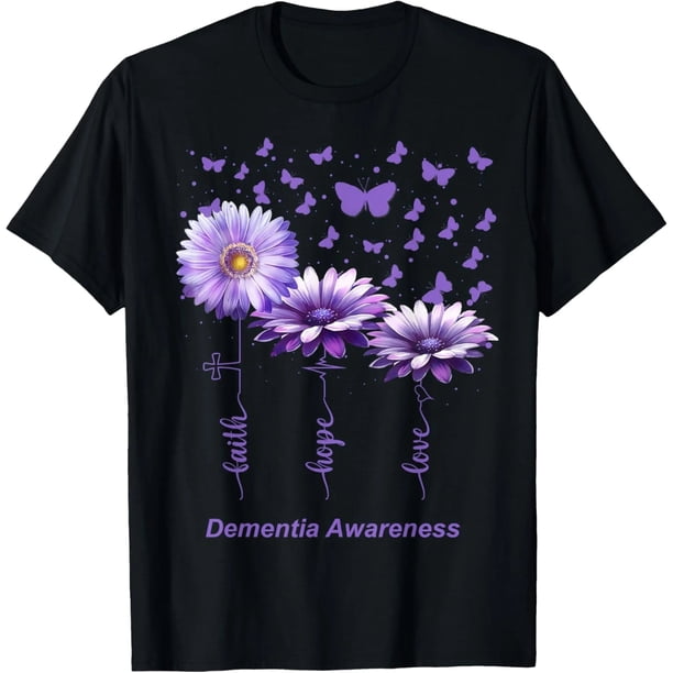Playera de Mujer para Concientización sobre la Demencia con Listón y Flor Morada - Talla Extra Grande (S-4XL)