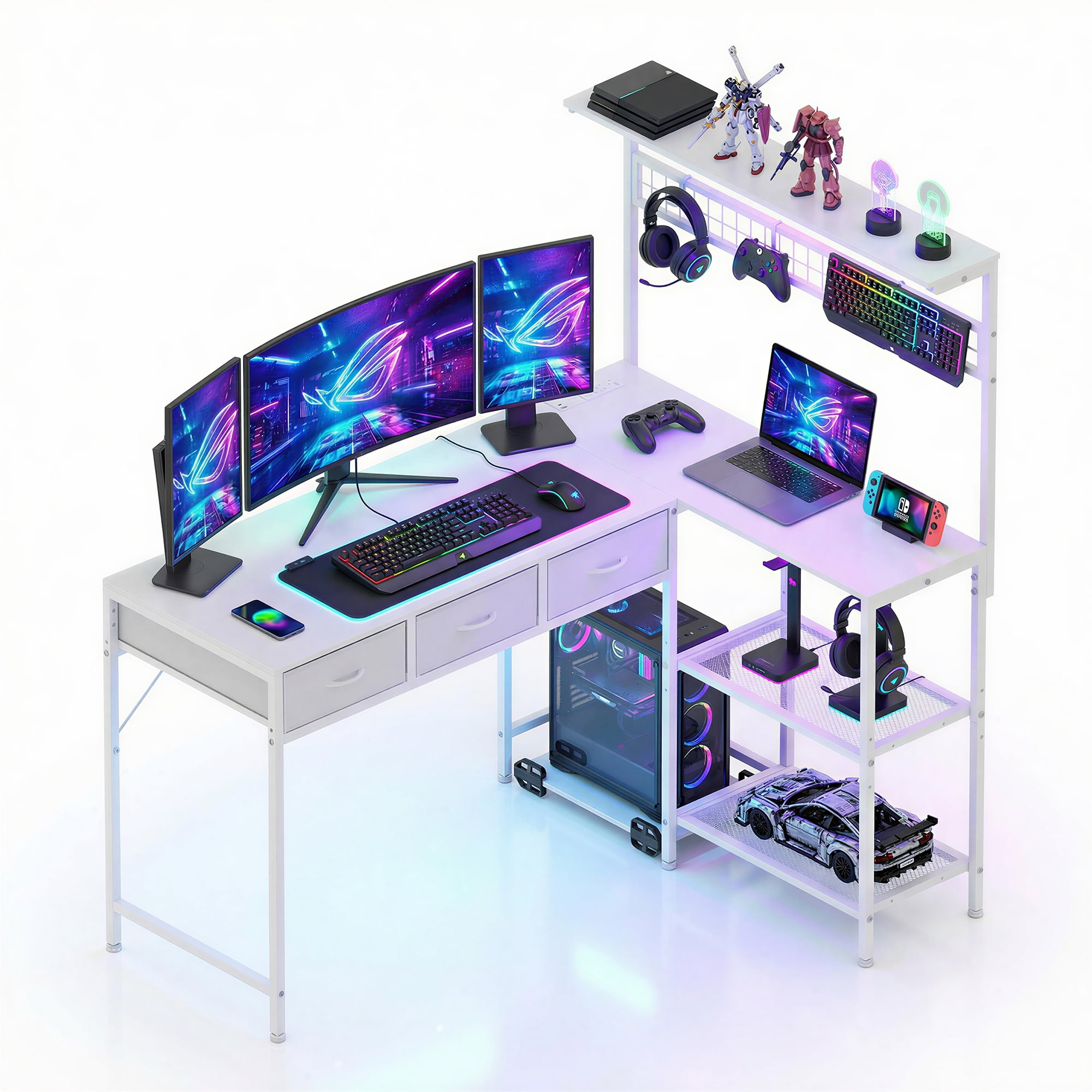 L-Shaped Computer Desk with Power Outlets and LED Lights 3-Tier Storage Shelves Drawer Reversible Wooden Workstation for Home Office Gaming Study Black/White/Vintage