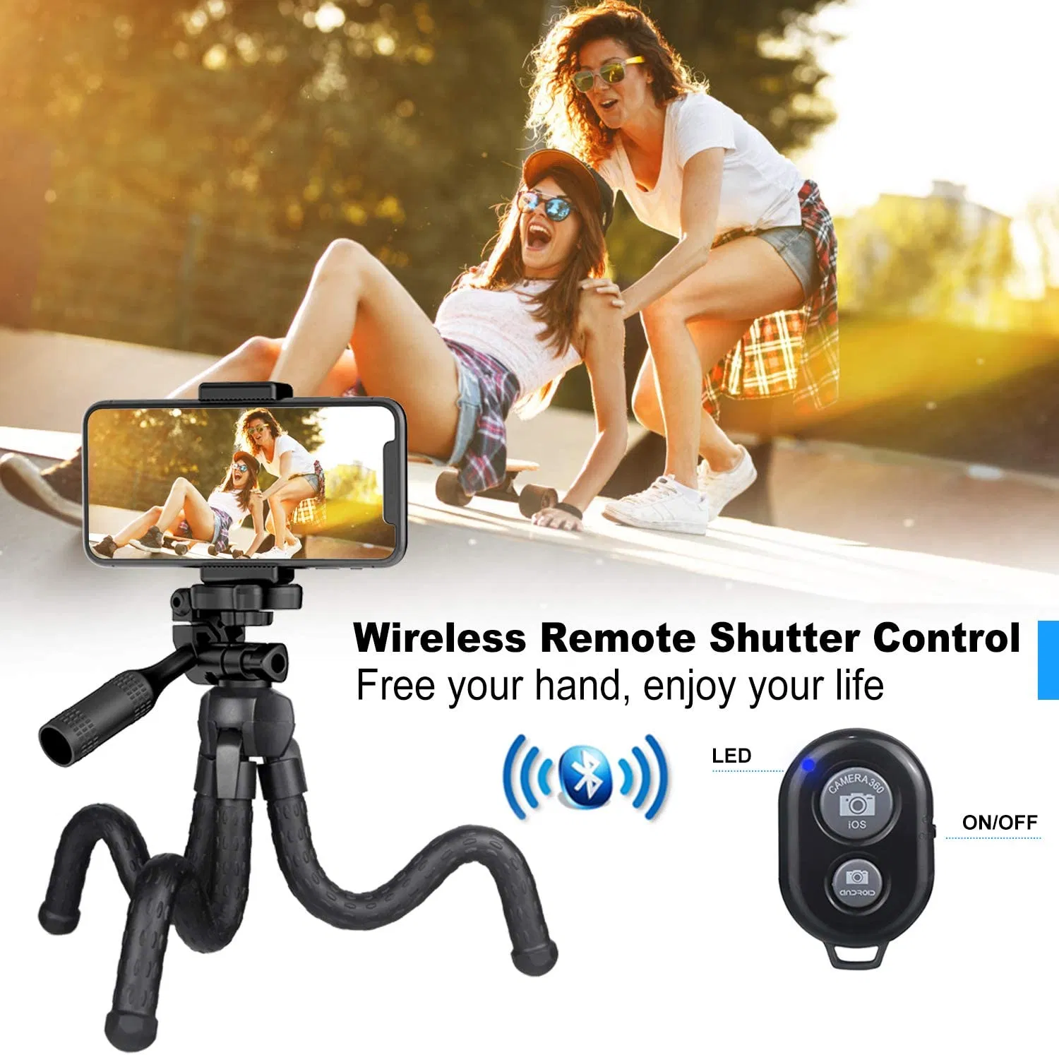 Adjustable Portable Phone, Camera, Flat Tripod, Camera Stand, Wireless Remote Control, Bluetooth, Wide Compatibility, 360° Adjustable, Universal Phone Tripod