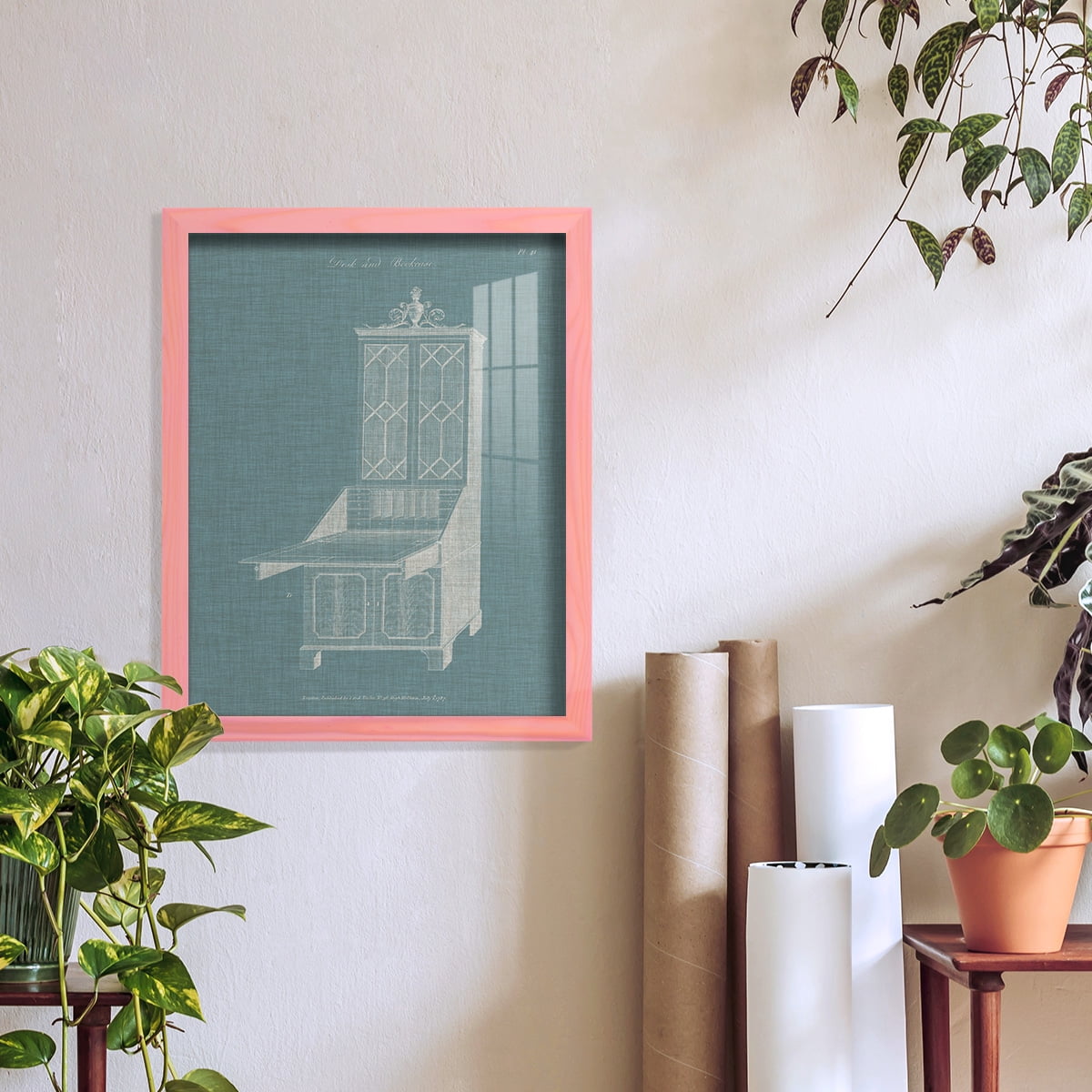 Hepplewhite Desk & Bookcase IV - Framed Print w/glass - Sunset Pink