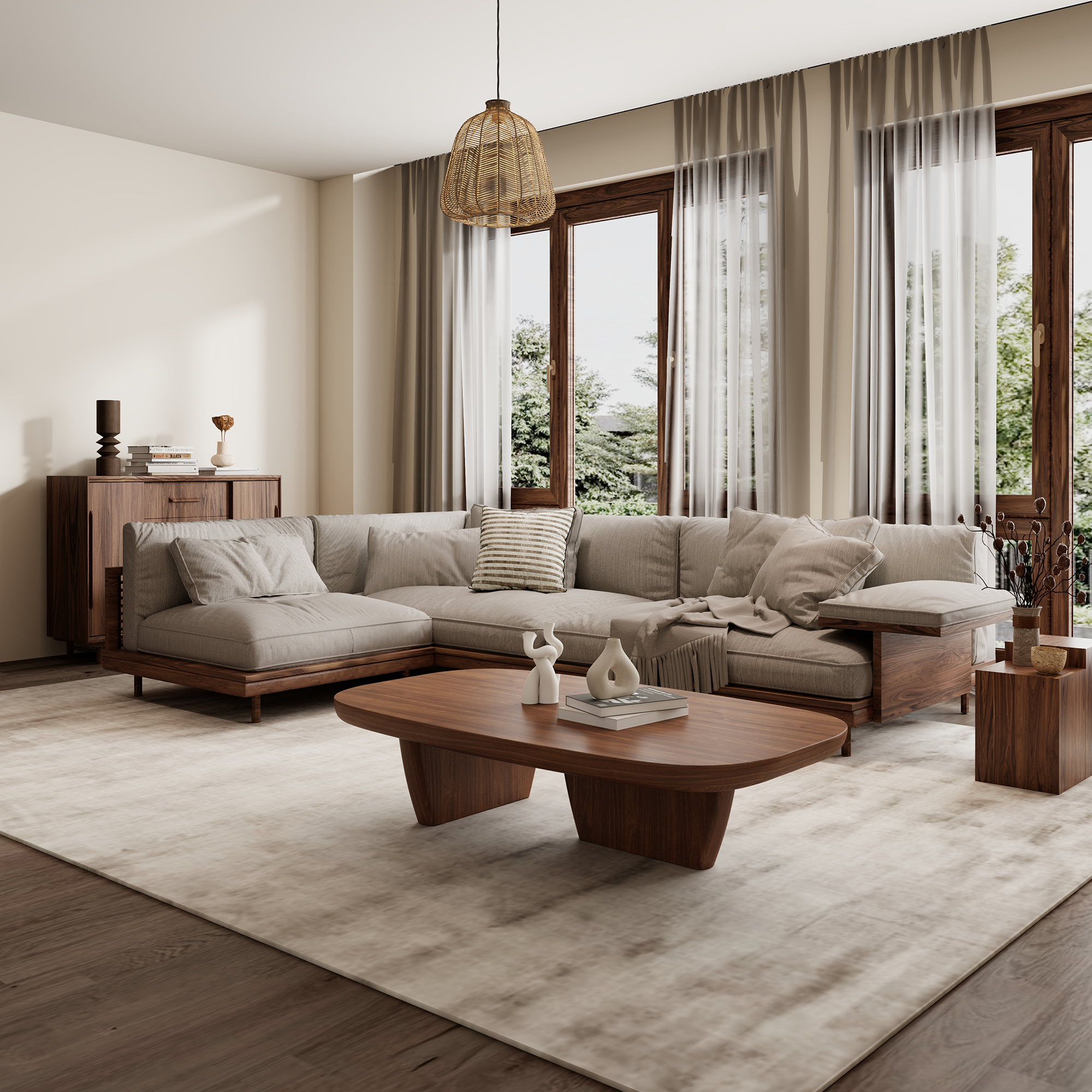 Modern Wood Coffee Table for Living Room, 51.2" Dark Brown Rectangle Coffee Table with 2 Unique Legs, Center Table Accent Tea Table for Living Room