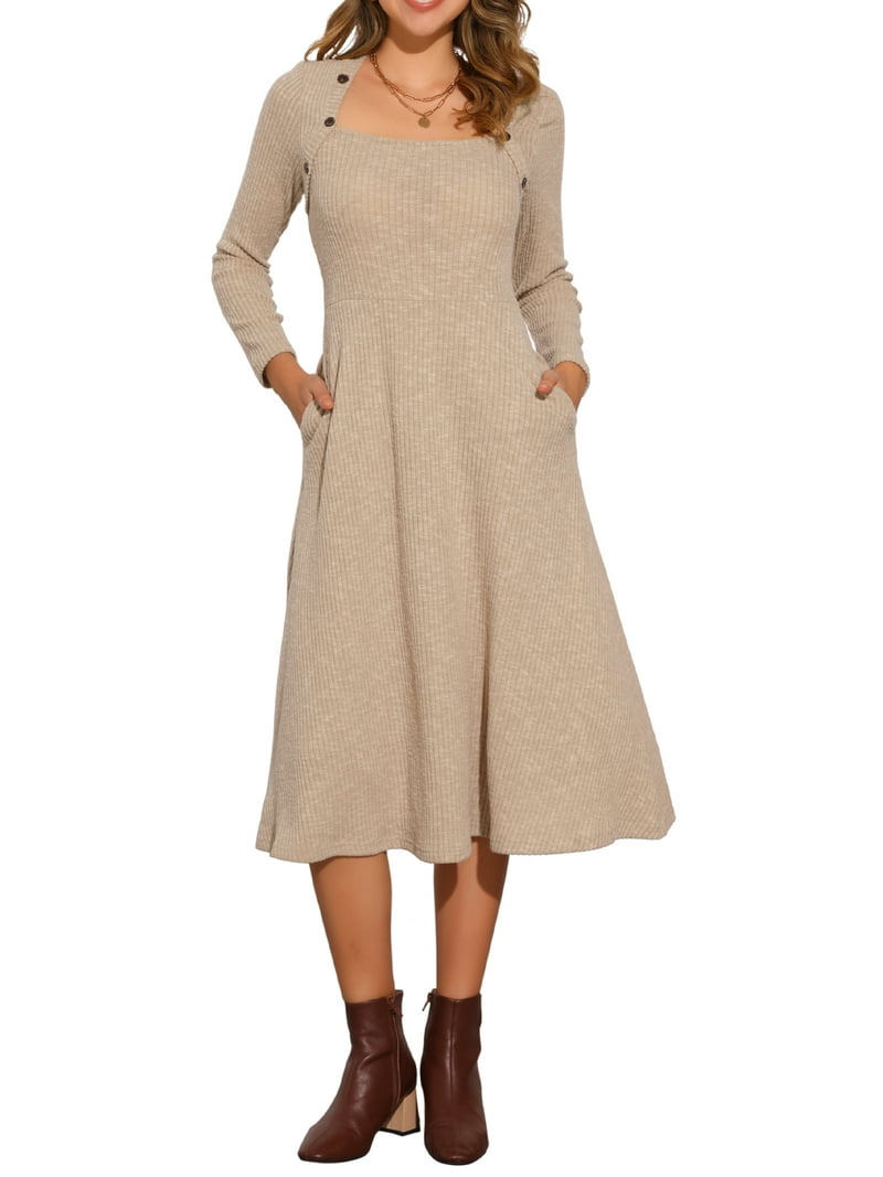 Inspire Chic Women's Knit Sweater Dress Square Neck Button Decor Flared Midi Dresses with Pockets XS Light Khaki