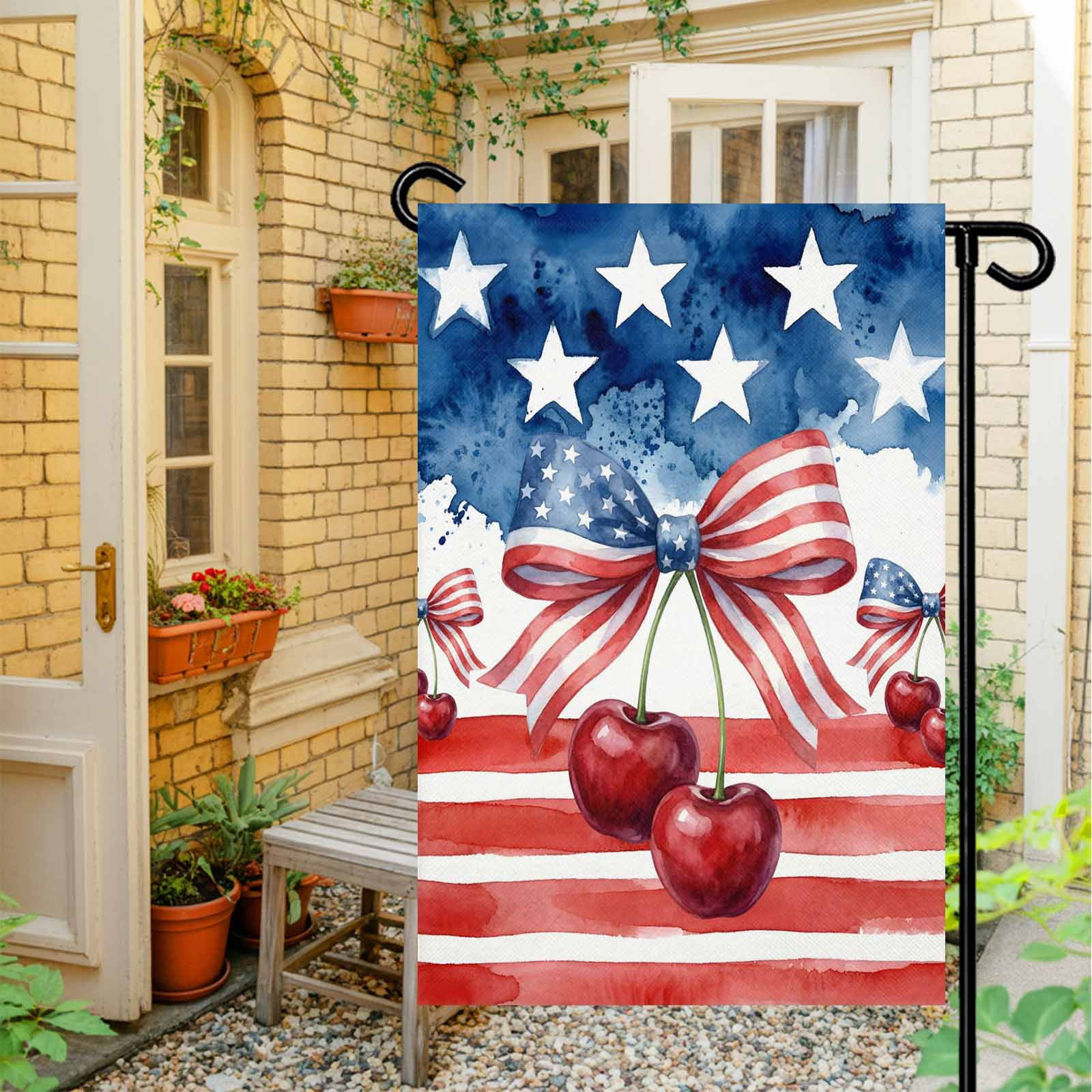 4th of July Garden Flags Patriotic Star Stripes Garden Flag Double Sided Welcome Flag Bow Tie Cherry Independence Day Yard Flags for Outdoor Lawn Porch Memorial Day Seasonal Holiday Decor 28x40 Inch