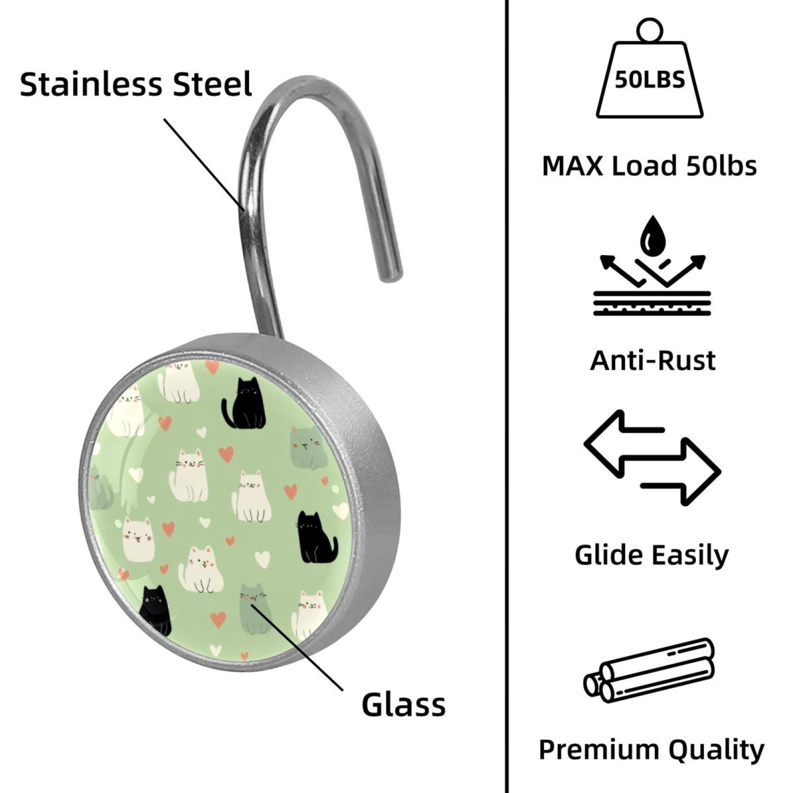 12pcs Decorative Shower Curtain Hooks, Rust Resistant Shower Rings for Bathroom Living Room,Rustproof Stainless Steel Rings for Shower Curtain and Liner Rods,Cats and Hearts Green