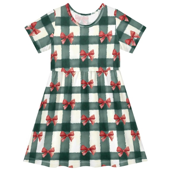 joogoo Bows Checkered Christmas Girls' Short Sleeve Dress Kids Dresses 5-6T