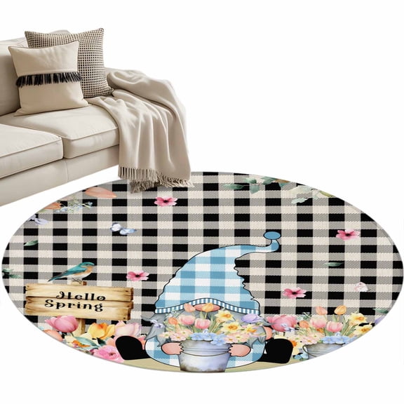 Round Rugs 4 Ft, Spring Gnomes Floral Non Slip Area Rugs for Kitchen Bedroom Entryway, Pink Tulip Botanical Black Plaid Washable Carpet Runner Rug Floor Mats for Bedroom Home Decor