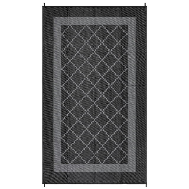 Waterproof Reversible Outdoor Rug 8x10ft – Modern Boho Geometric Black & Grey Plastic Straw Patio Mat, UV Resistant