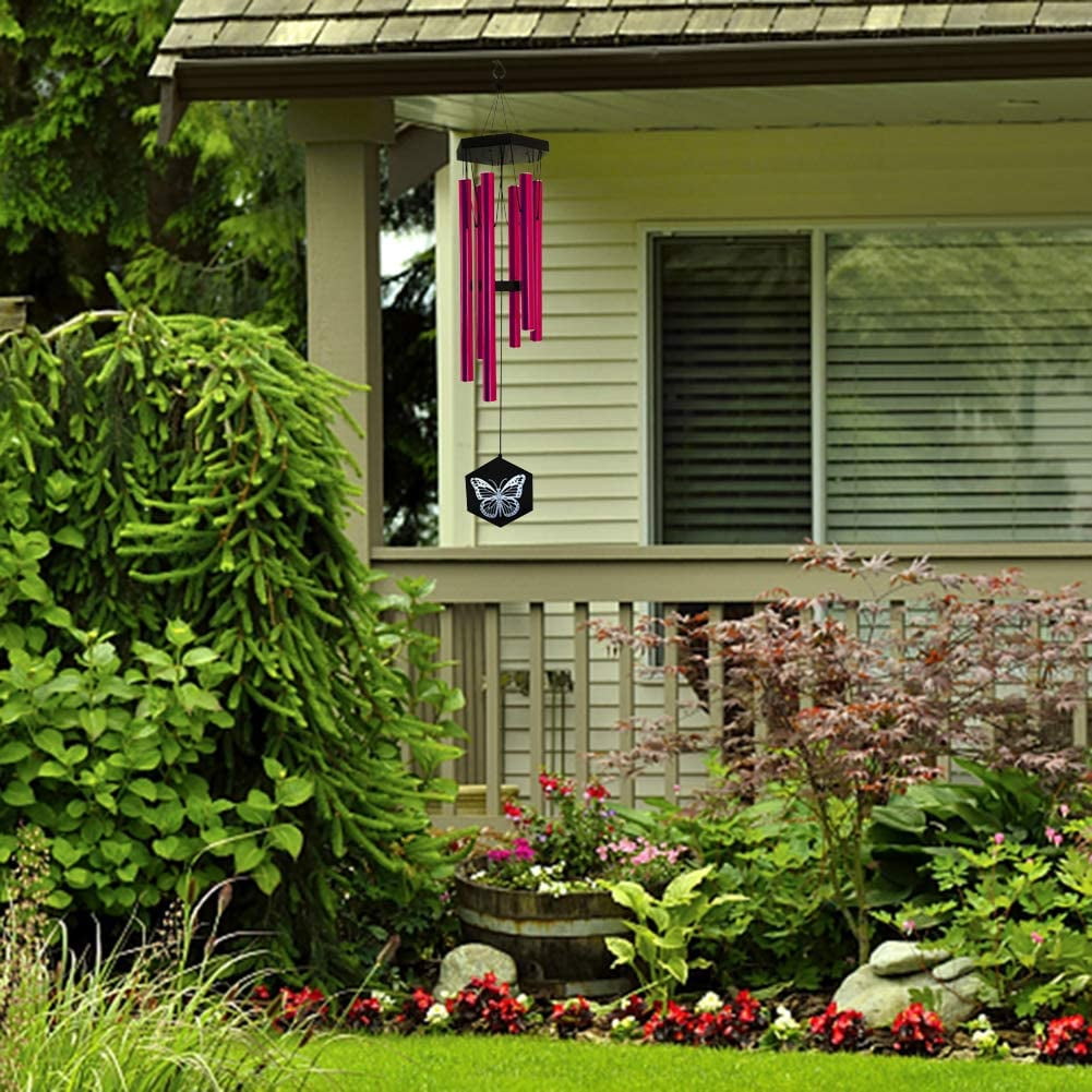 FONMY 33" Butterfly Memorial Wind Chimes with Red Aluminum Tubes and Bamboo Top