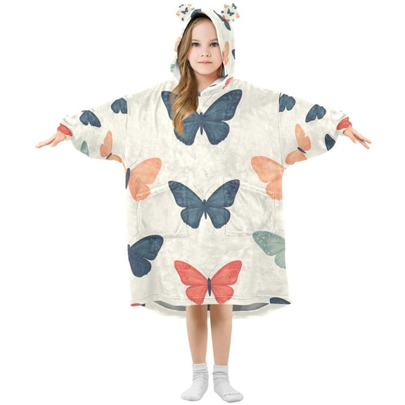 FORMRS Wearable Blanket Hoodie with Sleeves for Kids Cozy Flannel Sweatshirt, Orange Butterflies