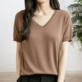 thumbnail image 2 of Arlun Women's Short Sleeve V-Neck Sweaters Casual Lightweight Solid Color Knit Sweater Soft Comfortable Base Layer Pullover Tops Khaki XL, 2 of 5