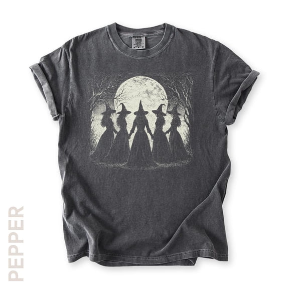 VibeNest Studio Unisex Vintage Witch Coven Silhouette Full Moon Halloween Garment-Dyed Graphic Tee
