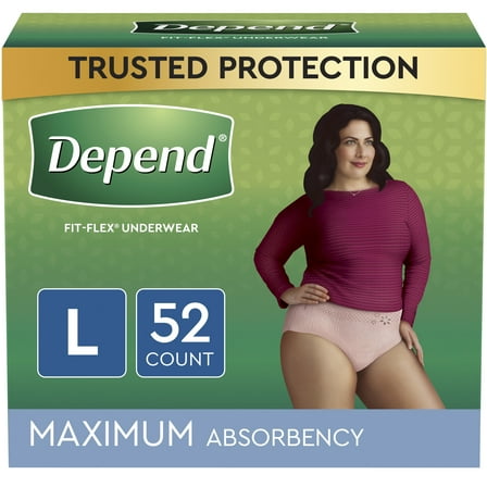 Depend Fit-Flex Women's Maximum Incontinence Underwear, L, Light Pink, 52 Count