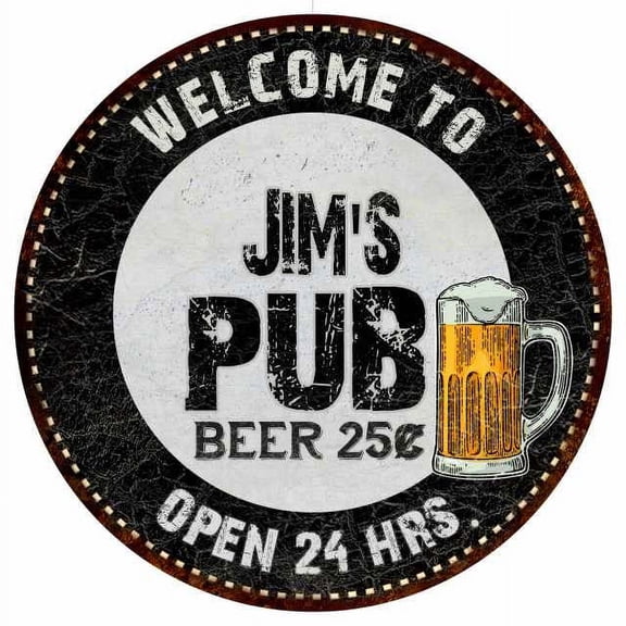Jim's Pub 14" Round Metal Sign Beer Bar Black Wall Decor Gift 100140039014