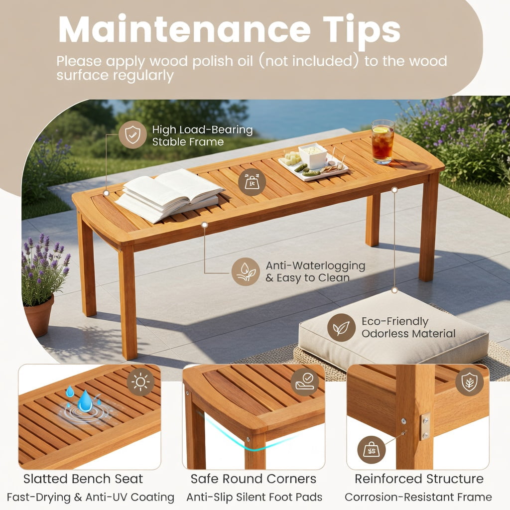 Hommoo Set of 2 Acacia Wood Outdoor Benches, Slatted Garden Bench for Patio, Deck & Entryway, 48" Rustic Wooden Seating, Natural