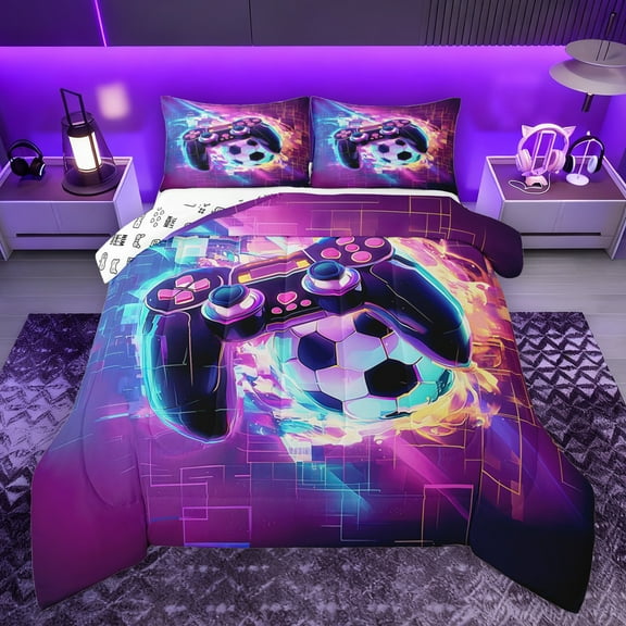 Manfei Gamepad Game Lovers Bedding Comforter Set,Geometric Honeycomb Hexagon Twin Comforter Sets,Purple Black Bedding Set For Boys Kids,Ultra Soft Home Decor Reversible,2-Piece