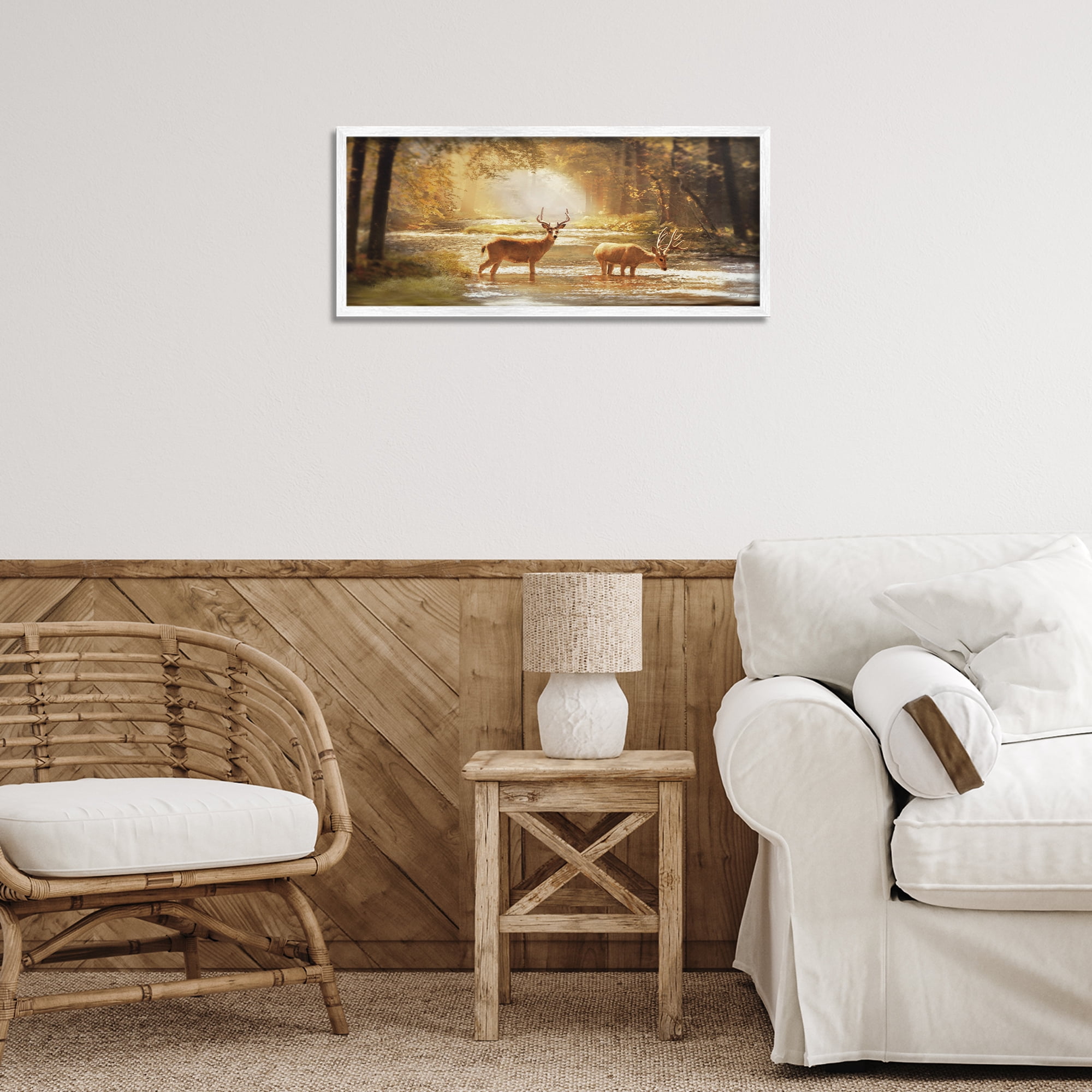 Stupell Industries Deer in Sunlit Grove Landscape Painting White Framed Art Print Wall Art, 24 x 10
