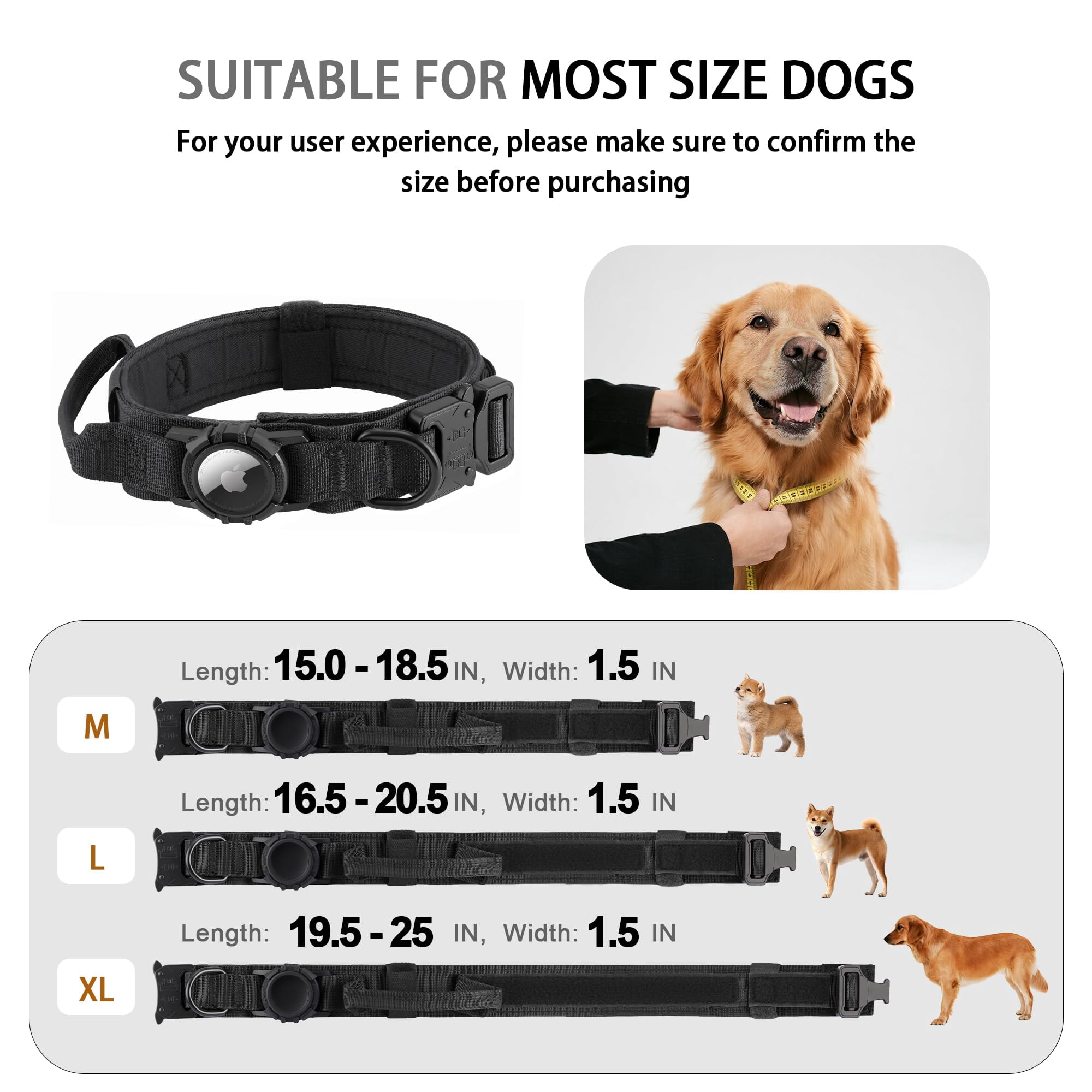 Waayee X-Large Tactical Airtag Compatible Dog Collar with Control Handle