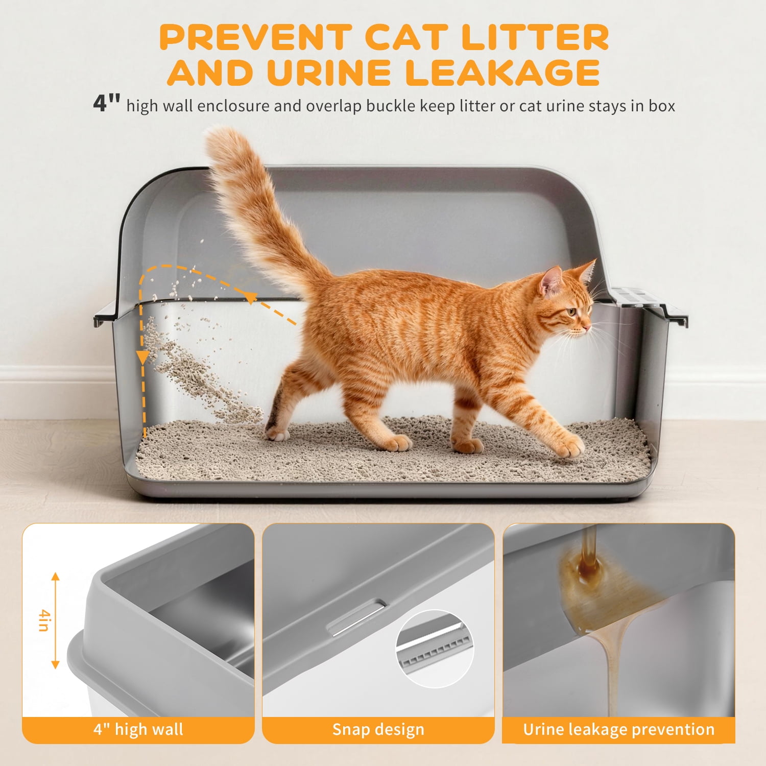 Yucurem Stainless Steel Cat Litter Box, High Sided Cat Litter Box for Small/Big/Multi Cats, with Scoop and Case, Paw Mat, 2 Rolls of 30 Bags