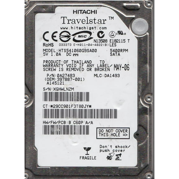 HTS541060G9SA00, PN 0A27483, MLC DA1493, Hitachi 60GB SATA 2.5 Hard Drive