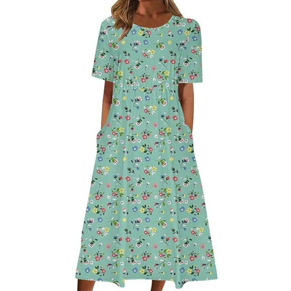 Drses Summer Dresses for Women 2024 Fashion Women Casual Sexy Round Neck Printing Elastic Waist Short Sleeve Pockets Dress Women's Casual Dresses