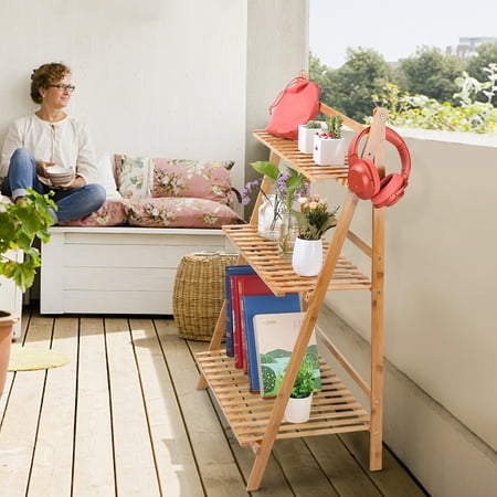 Folding Plate Stand - KARMAS PRODUCT 4 Tiered Plant Stand Bamboo Folding Ladder Potted Holder Display Shelving Indoor Flower Organizer Shelf Rack Outdoor Patio Lawn Garden Balcony