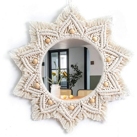 Boho Wall Decor Mirror Macrame Circle Hanging Mirror for Bedroom Living Room Apartment Entryway Home Decor