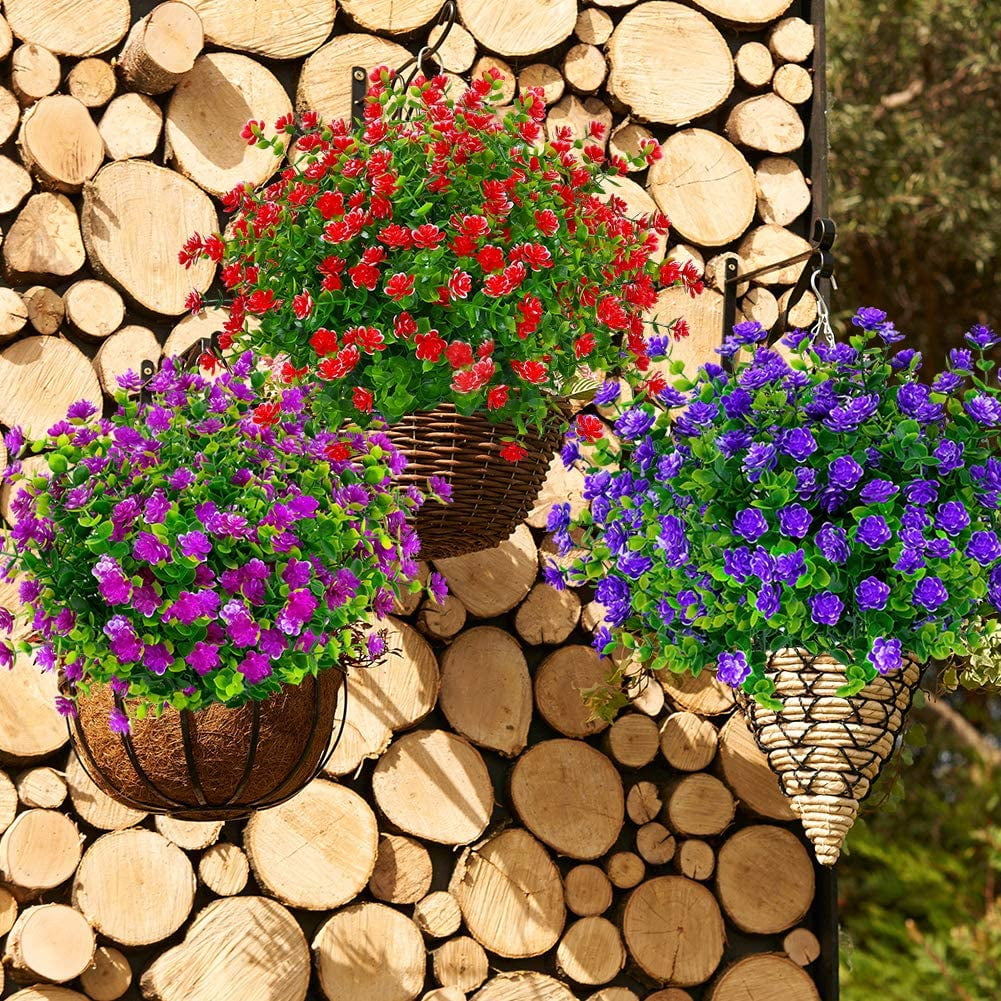 Artificial Flowers, Fake Outdoor UV Resistant Boxwood Shrubs Faux Plastic Greenery Plants for Outside Hanging Planter Patio Yard Wedding Indoor Home Kitchen Farmhouse Decor(Orange Red)