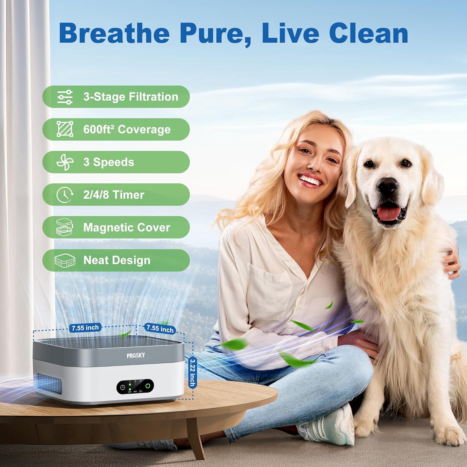 PRASKY Air Purifier for Home 600 Sq Ft Coverage, True HEPA Filter for Pets, Smoke & Allergies | Quiet & Portable for Bedroom/Travel/Car (Gray)