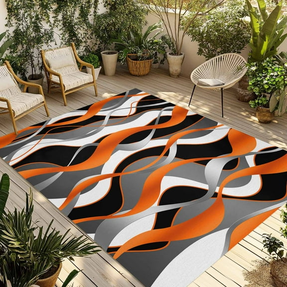 Fsddascl Abstract Stripes Outdoor Rug for Patio/Deck/Porch, Non-Slip Large Area Rug 5 x 8 Ft, Retro Modern Orange Black Gray Lines Indoor Outdoor Rugs Washable Area Rugs, Camping Rug Carpet