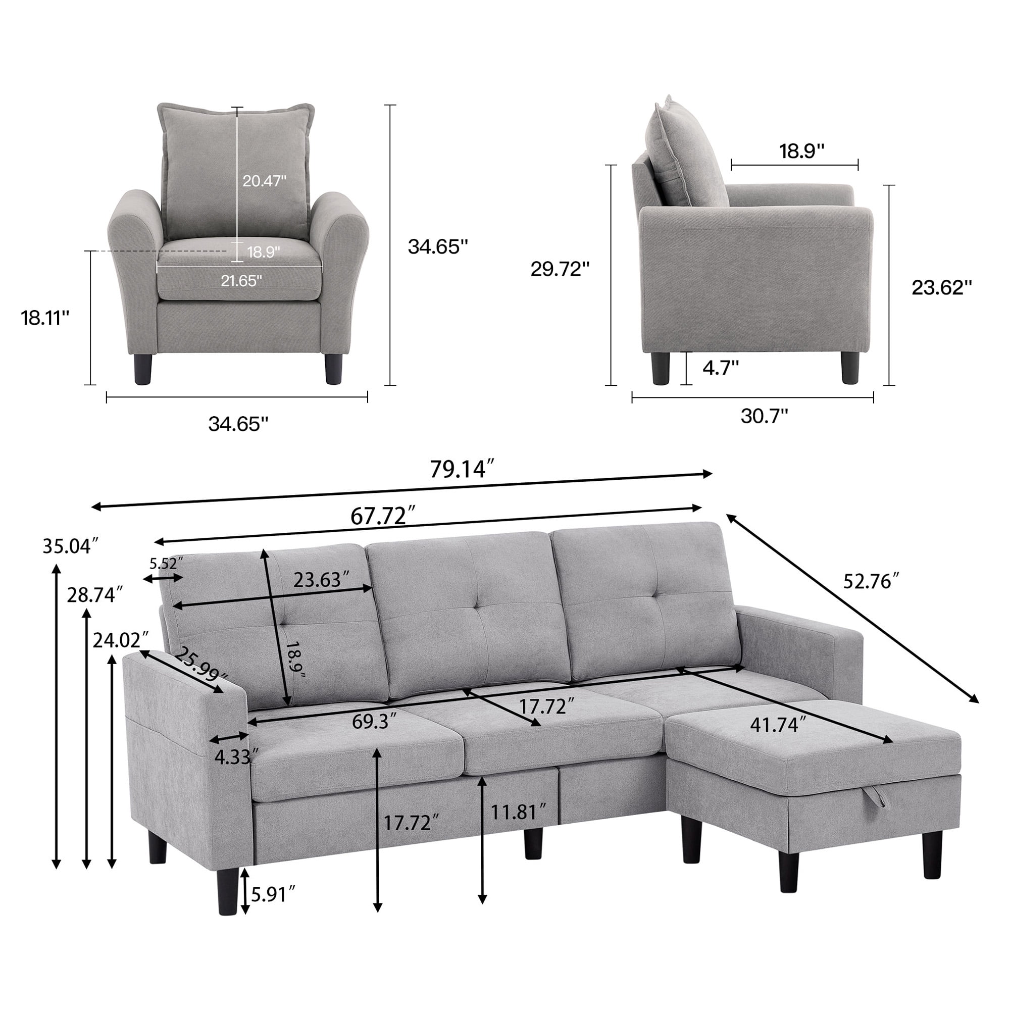 79" Convertible Sectional Sofa Set, Modern Linen Small L Shaped Couch with Reversible Chaise and Loveseat Sofa, 3-Seat Sofa Couches for Living Room, Office, Apartment, Lightgrey