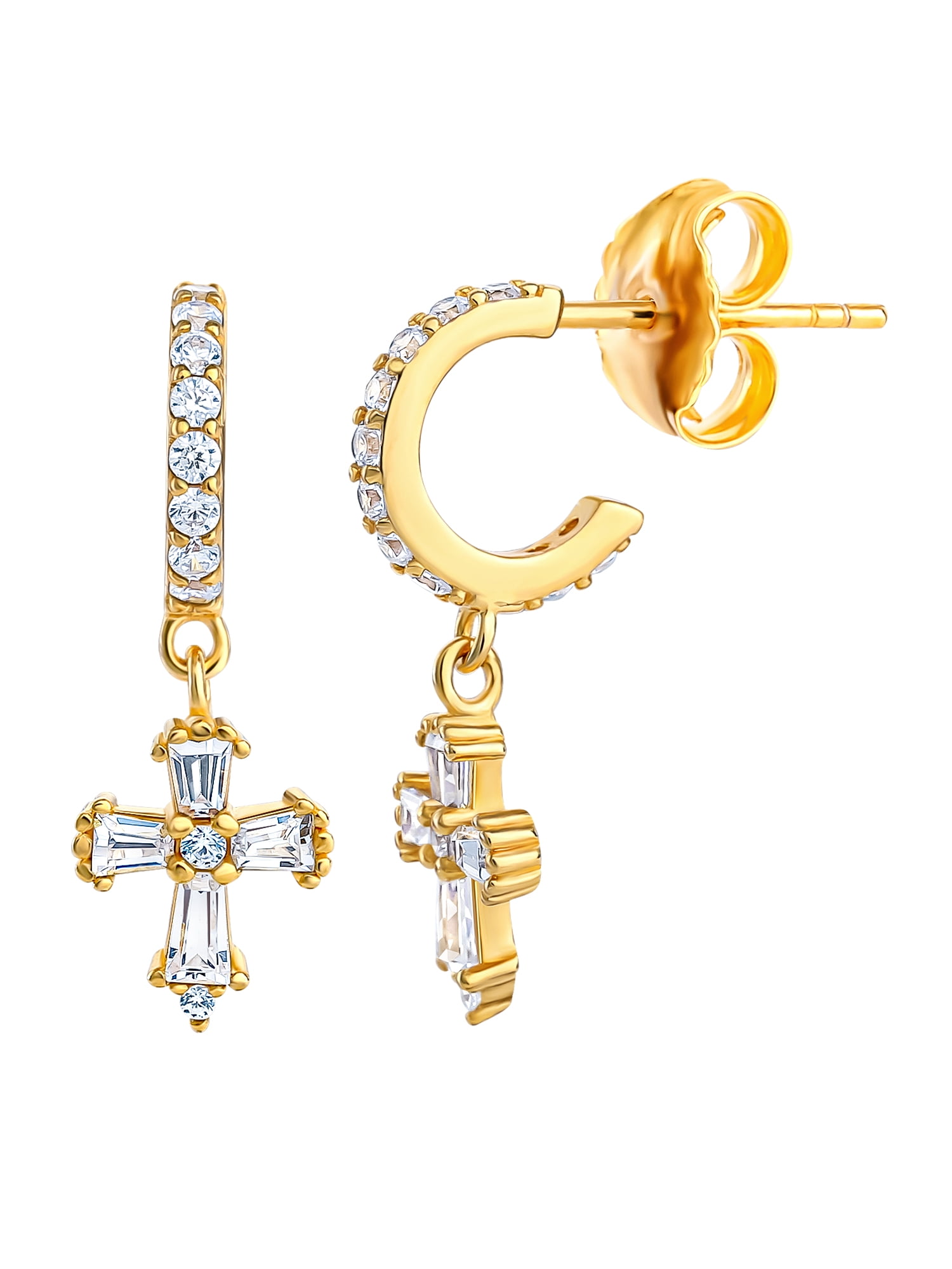 JS Jessica Simpson Women’s Sterling Silver 14KT Gold Plated Cubic Zirconia Cross Drop Earring