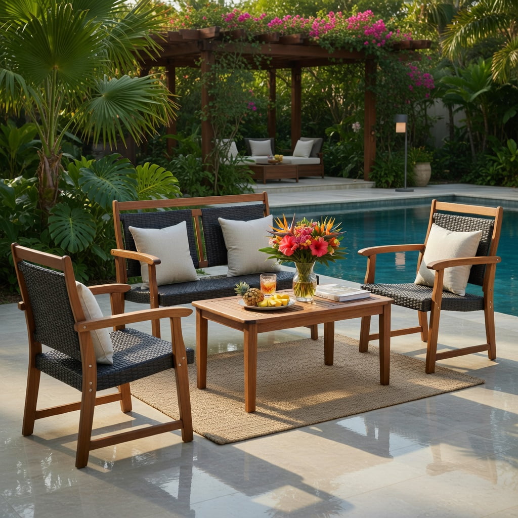 Hommoo 4-Piece Outdoor Patio Rattan Sofa Set with Solid Acacia Wood Frame, Weather-Resistant PE Rattan Loveseat, Single Sofas & Coffee Table for Backyard, Poolside, Garden, Reddish Brown