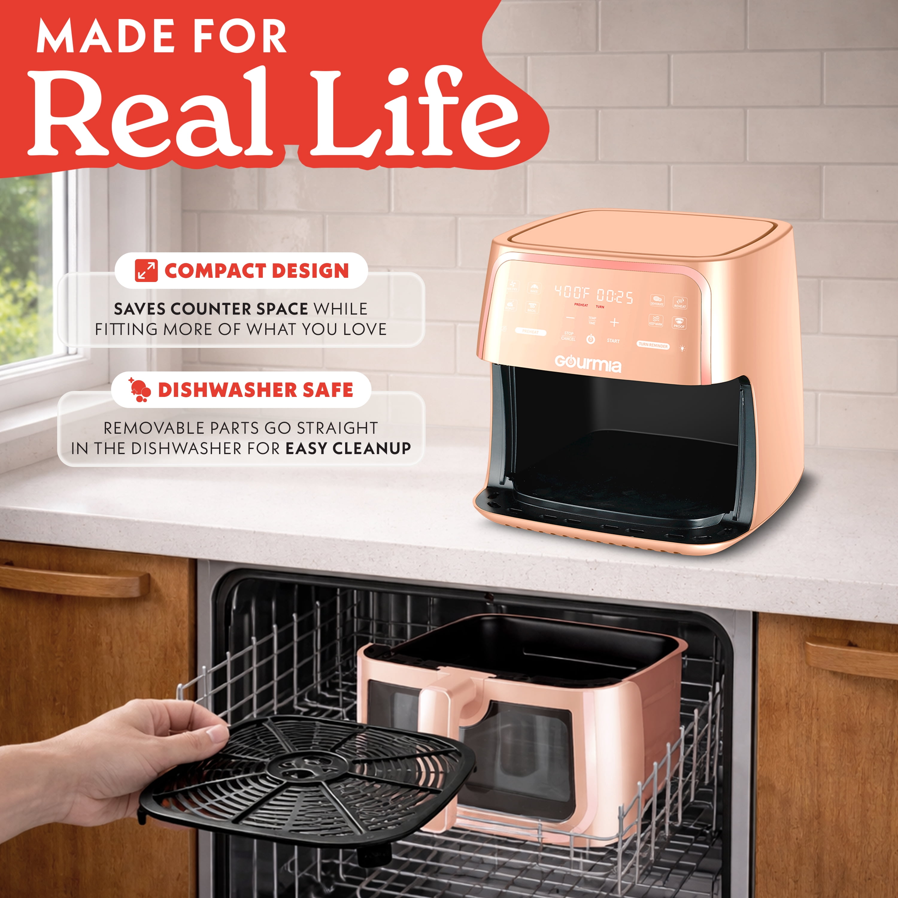 Gourmia 8 Qt Air Fryer, 8 Presets with Digital Display, FryForce 360° Technology, Easy View Window & Interior Light, Dishwasher Safe Basket, Peach