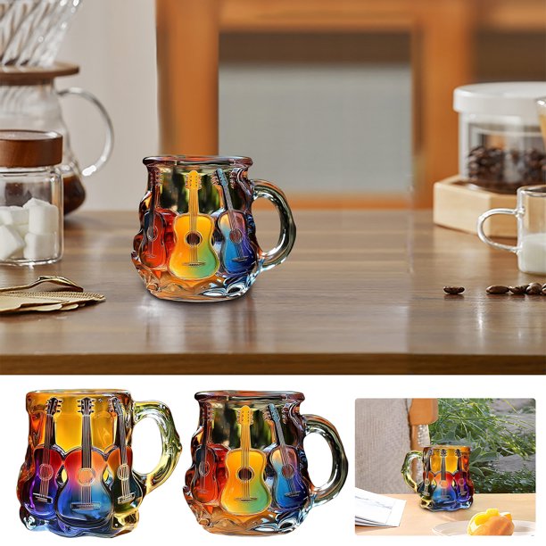 Taza de café de vidrio pintado 3D para guitarra | Novelty Guitar Art Cup | Regalo único para amantes de la música | Estampado artístico colorido | Duradero apto para microondas y lavavajillas | 9cm