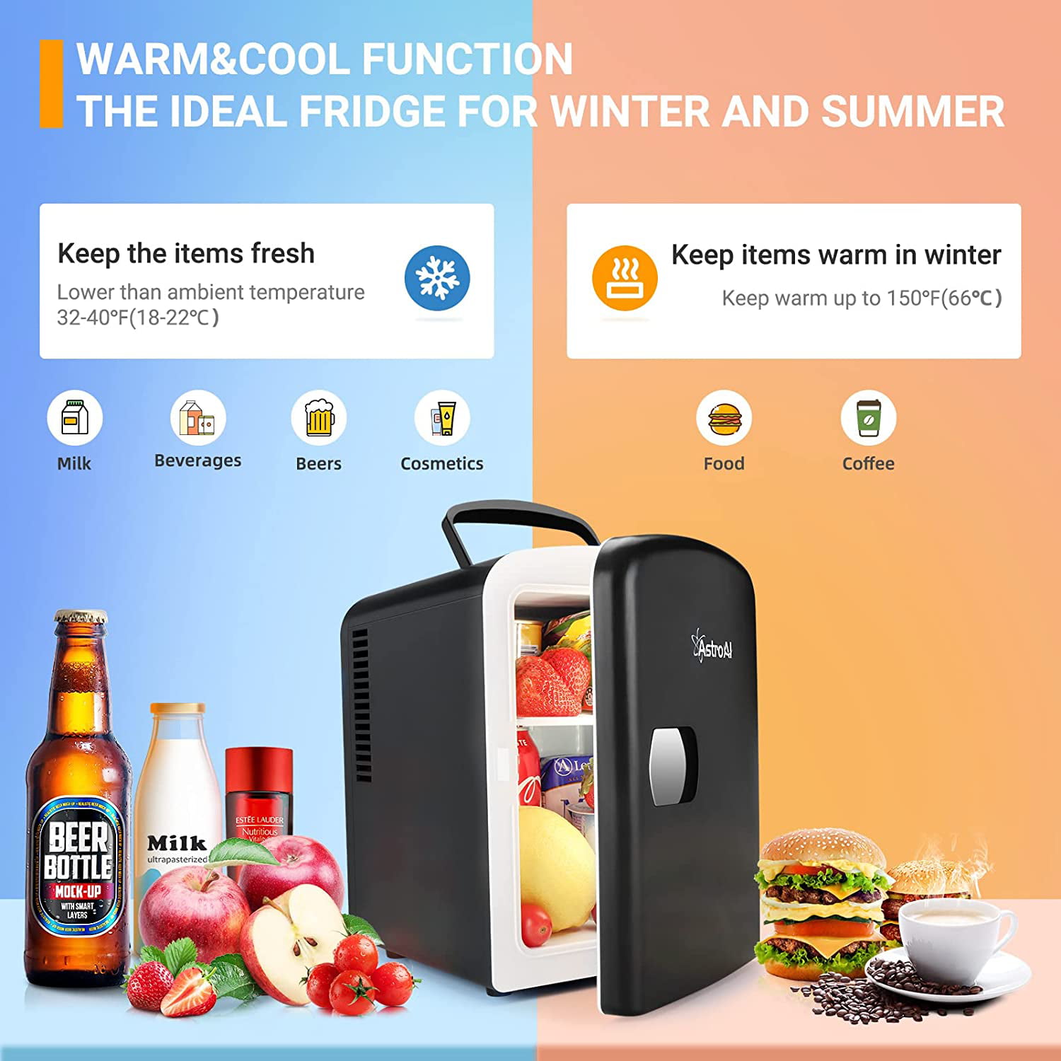 Mini Fridge, 6 Can 4 Liter Portable Electric Cooler, AstroAI Personal Refrigerator Skincare for Bedroom DC/AC, for Gift