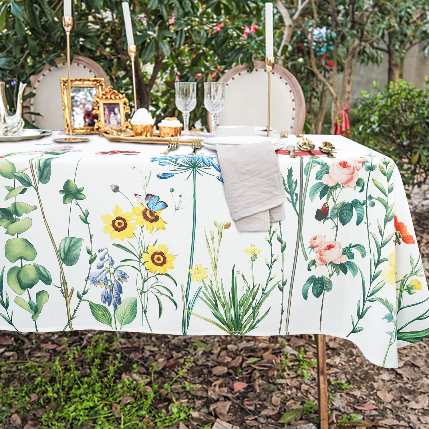Floral Tablecloth Spring Summer Wild Flower Butterfly Tablecloths Rectangle 60x84inch Table Cloth Waterproof Wrinkle Resistant Table Cloth for Dining Holiday Parties,Indoor and Outdoor Dining